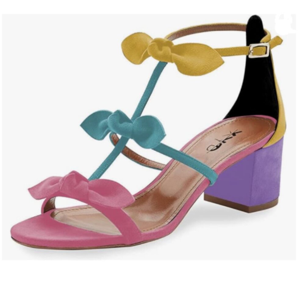 XYD Multicolor Chunky Heels Open Toe Sandals Multi Bows Gladiator Strappy Shoes